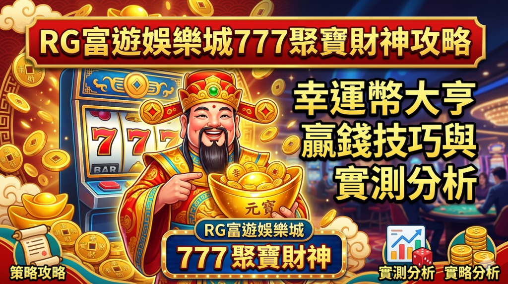 這張圖片以「RG富遊娛樂城777聚寶財神」為主題，中間繪有手捧金元寶的財神與老虎機，背景充滿金色錢幣與吉祥元素。 整體設計採用亮眼的金紅色調，並標註「幸運幣大亨贏錢技巧與實測分析」等文字，明確傳達了遊戲攻略的專業資訊。